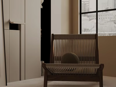 Modern Wooden Frame Leisure Chair with Woven Backrest in Minimalist Interior and City View Window 3d model