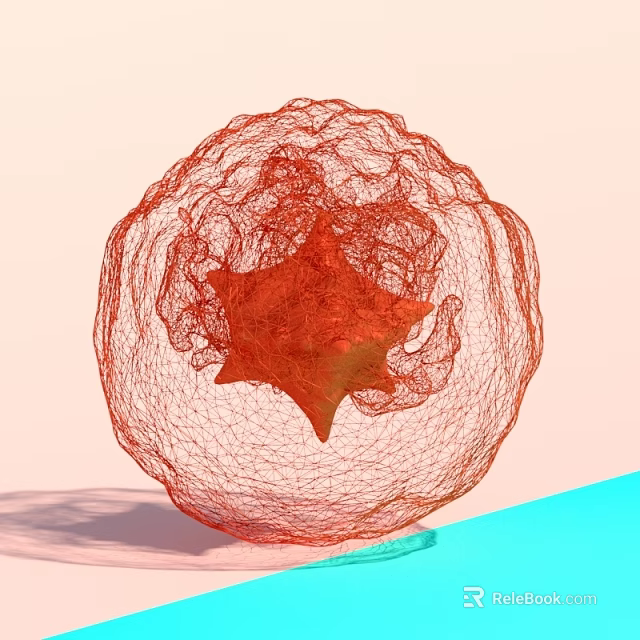Modern Abstract Red Landscape Sculpture Featuring Wireframe Sphere And Star Shaped Core 3d model 