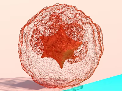 Modern Abstract Red Landscape Sculpture Featuring Wireframe Sphere And Star Shaped Core 3d model