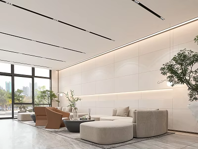 Bright Modern Minimalist Reception Area With White Walls Gray Sofa Green Plants And Large Windows 3d model