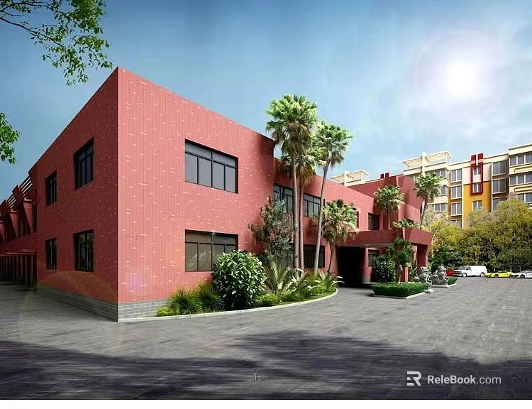 Red Brick Office Building Exterior With Palm Trees Greenery And Parking Area 3d model 