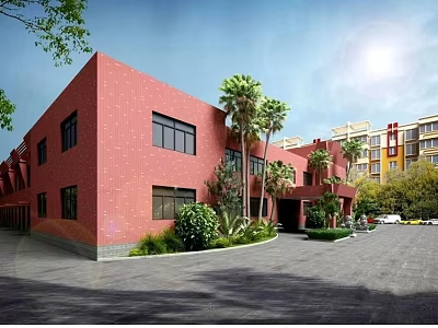 Red Brick Office Building Exterior With Palm Trees Greenery And Parking Area 3d model