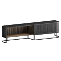 Modern Wooden Dresser With Striped Panels And Open Storage Space On Metal Base