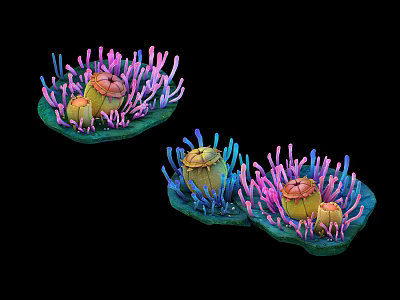 Vibrant Plants with Green Leaf Like Bases Yellow Spherical Centers and Pink Blue Tentacles 3d model