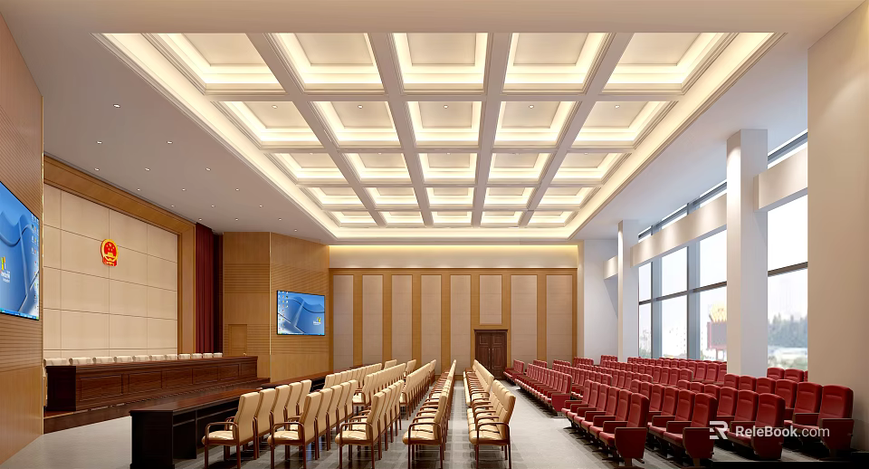 Modern Conference Room With Large Screen Arranged Seats Wooden Walls And Ceiling Design 3d model 