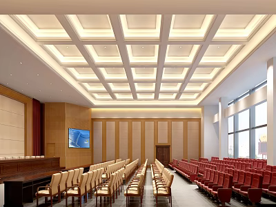 Modern Conference Room With Large Screen Arranged Seats Wooden Walls And Ceiling Design 3d model