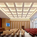 Modern Conference Room With Large Screen Arranged Seats Wooden Walls And Ceiling Design