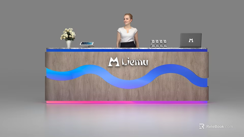 Modern Wooden Reception Desk With Blue Pink Wave LED Lights Liemu Logo Tablet And Laptop 3d model 