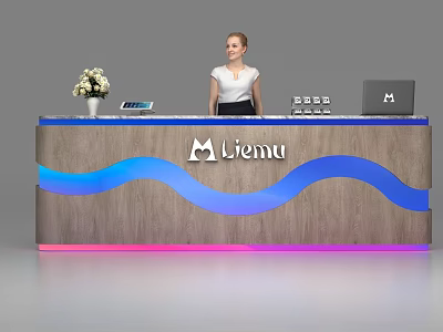 Modern Wooden Reception Desk With Blue Pink Wave LED Lights Liemu Logo Tablet And Laptop 3d model