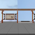 Traditional Chinese Corridor Featuring Red Pillars Brown Roof Decorative Beams Cultural Panels Stone Floor Bench