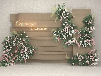 Chananper Chonader Wooden Backdrop Photo Spot With Pink White Flowers And Green Leaves 3d model