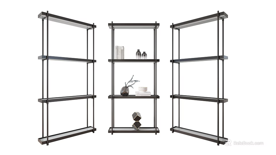 Three Modern Black Metal Frame Glass Storage Shelving Units With Decorative Objects 3d model