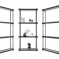Three Modern Black Metal Frame Glass Storage Shelving Units With Decorative Objects 3d model