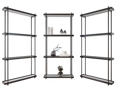 Three Modern Black Metal Frame Glass Storage Shelving Units With Decorative Objects 3d model
