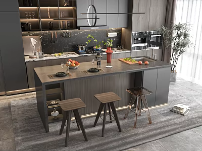 Modern Kitchen Interior With Marble Island Counter Black Cabinets And Bar Stools 3d model
