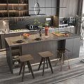 Modern Kitchen Interior With Marble Island Counter Black Cabinets And Bar Stools