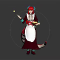 Game Movie Character With Red Horns Wearing Apron Holding Utensils And Tail