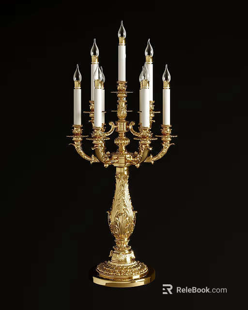 Golden Candelabra Table Lamp With Multiple Candle Shaped Lights And Carved Base 3d model 