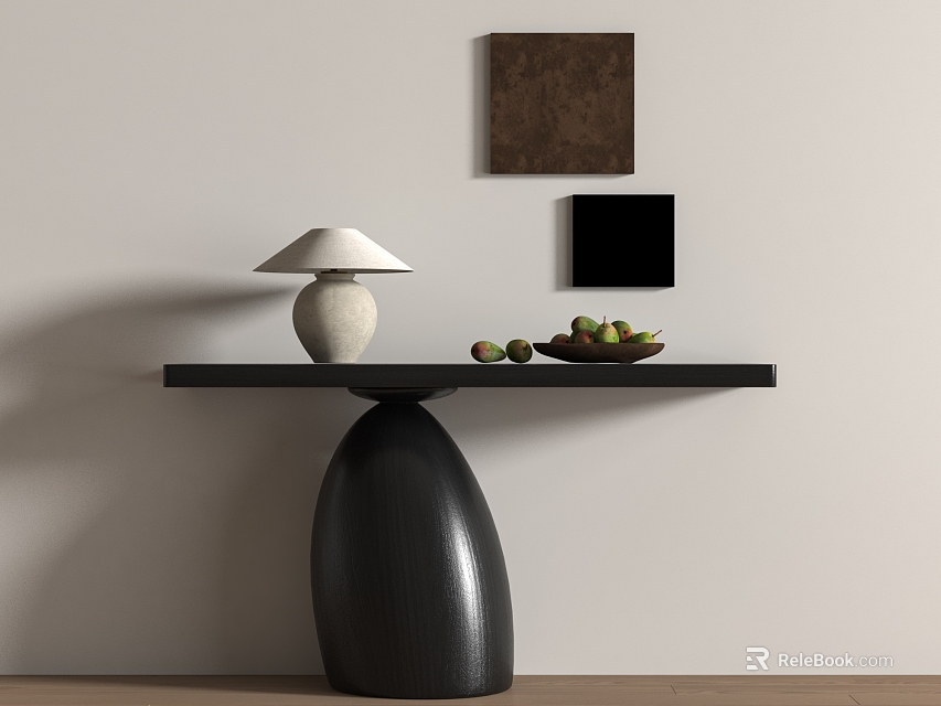 Elegant Console Table With Black Base White Lamp Fruits And Brown Black Square Wall Art 3d model 