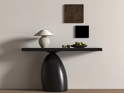 Elegant Console Table With Black Base White Lamp Fruits And Brown Black Square Wall Art 3d model