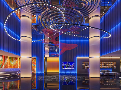 Luxury Hotel Lobby Interior Design With Modern Chandelier And Decorative Columns 3d model