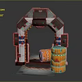 Sci-Fi Archway Structure With Control Panels Orange Barrels And Warning Stripes 3d model