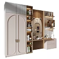 Modern Wardrobe Interior Setup With Wooden Bookshelves Decorative Mirror And Ornaments
