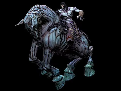 Tech Exhibition Hall Displaying Blue and White Centaur Figure with Mechanical Textures 3d model