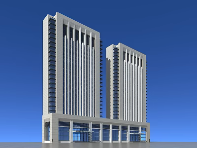 Modern Tall Twin Office Building With Vertical Lines Glass Curtain Walls And Entrance Design 3d model