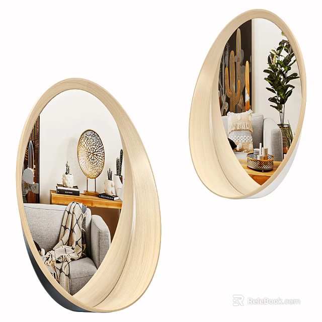 Oval Wooden Frame Mirror in Living Room with Sofa Plant and Decorations 3d model 