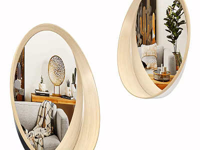 Oval Wooden Frame Mirror in Living Room with Sofa Plant and Decorations 3d model