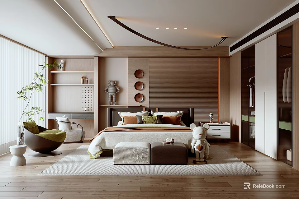 Modern Bedroom Interior Design Featuring Bed Nightstand Rug Green Plant Wooden Wall And Decorative Panels 3d model 
