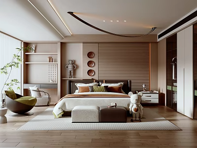 Modern Bedroom Interior Design Featuring Bed Nightstand Rug Green Plant Wooden Wall And Decorative Panels 3d model