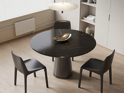 Modern Round Black Marble Dining Table Set With Three Black Leather Chairs And Hanging Lamp 3d model