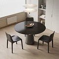 Modern Round Black Marble Dining Table Set With Three Black Leather Chairs And Hanging Lamp