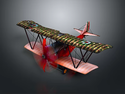Vintage Biplane Model With Camouflage Wings Red Propeller And Tail 3d model