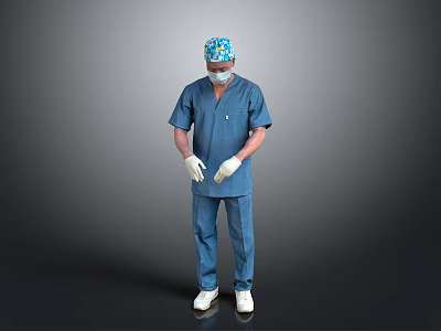 Male Medical Professional In Blue Surgical Scrubs With Cap Mask And Gloves 3d model