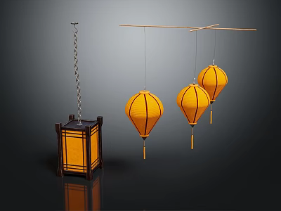 Chinese Style Decorative Hanging Lantern Furniture With Yellow Square And Round Shapes 3d model