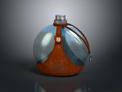 Transparent Glass Flask With Brown Leather Cover And Decorative Strap For Daily Use 3d model