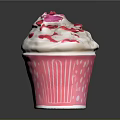 Creamy Ice Cream With Whipped Cream In Pink Cup With White Dots And Stripes