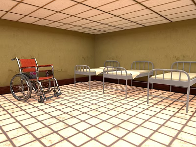 Medical Room Interior With Red Wheelchair And Metal Beds On Tiled Floor 3d model