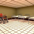 Medical Room Interior With Red Wheelchair And Metal Beds On Tiled Floor