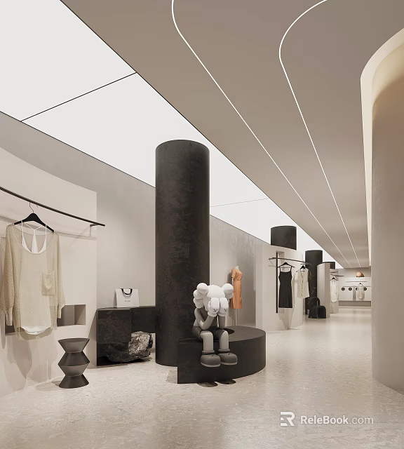 Modern Minimalist Clothing Store Interior With White Walls Black Columns Hanging Clothes And Mannequins 3d model