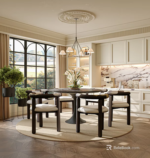 Elegant Restaurant Interior With Large Windows Chandelier White Cabinets Marble Countertop Dining Table And Plants 3d model 