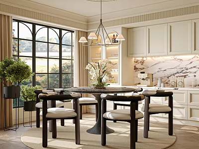 Elegant Restaurant Interior With Large Windows Chandelier White Cabinets Marble Countertop Dining Table And Plants 3d model