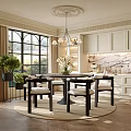 Elegant Restaurant Interior With Large Windows Chandelier White Cabinets Marble Countertop Dining Table And Plants