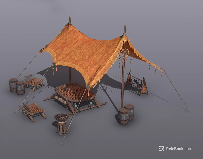 Outdoor Camping Furniture With Wooden Table Chairs Barrels Under Canvas Tent Setup 3d model 