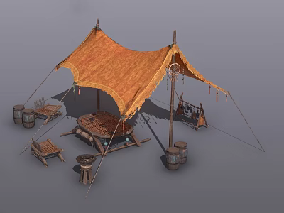 Outdoor Camping Furniture With Wooden Table Chairs Barrels Under Canvas Tent Setup 3d model