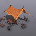 Outdoor Camping Furniture With Wooden Table Chairs Barrels Under Canvas Tent Setup