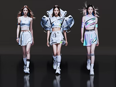 Three Women Walking In Stylish Modern Futuristic Outfits With Unique Shoulder Design And Colorful Details 3d model